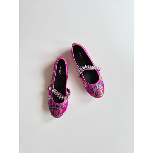 Girls' NWT ALDO Despirito Pink Brocade Crystal Mary Jane Ballet Flats, Size 6 - Picture 1 of 15